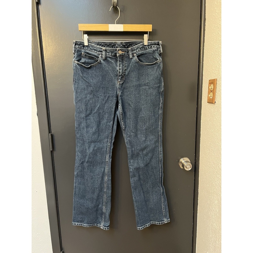 Duluth Trading Jeans Womens Sz 14x31 Straight Blue Stretch Wide Leg Denim